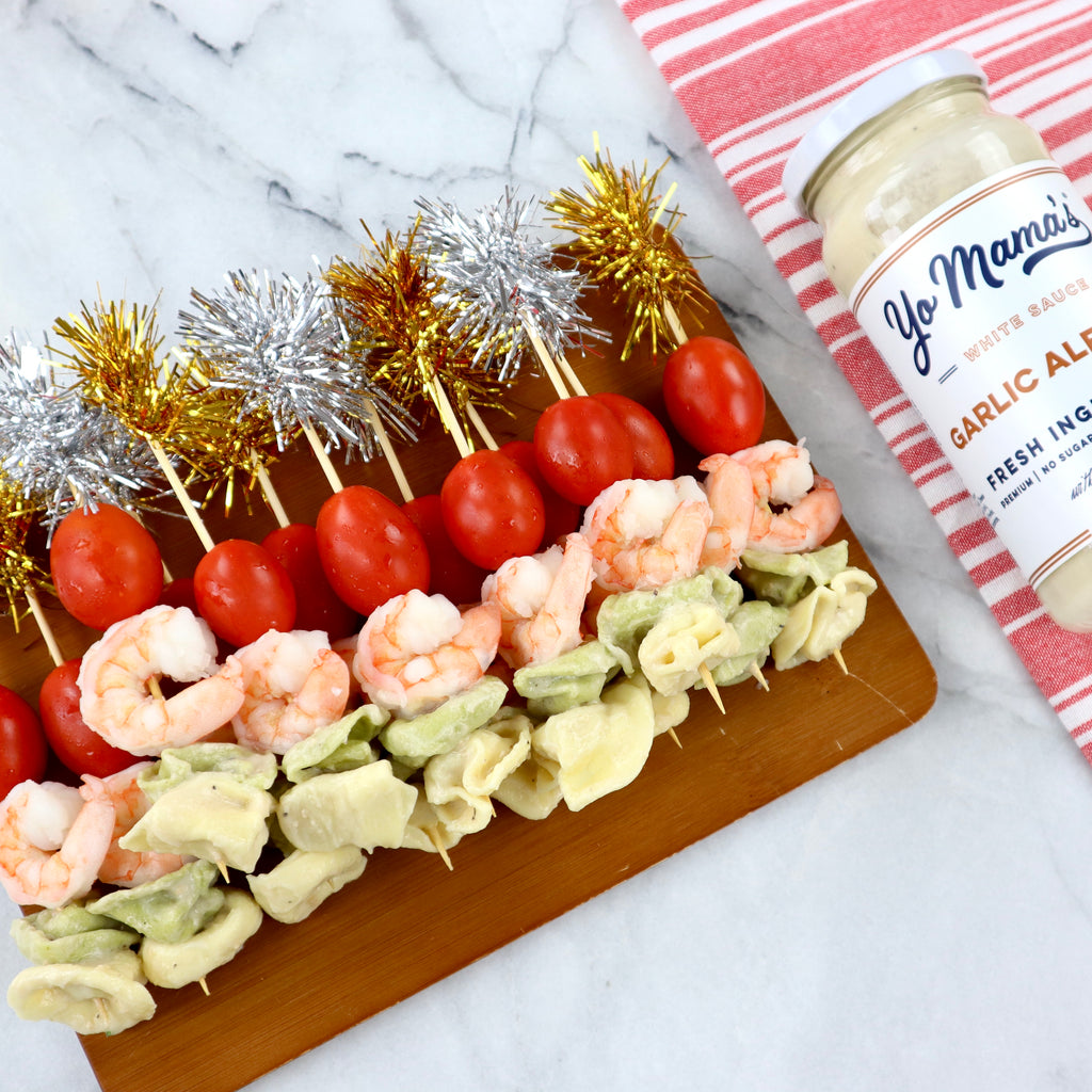 Garlic Alfredo Pasta and Shrimp Skewers